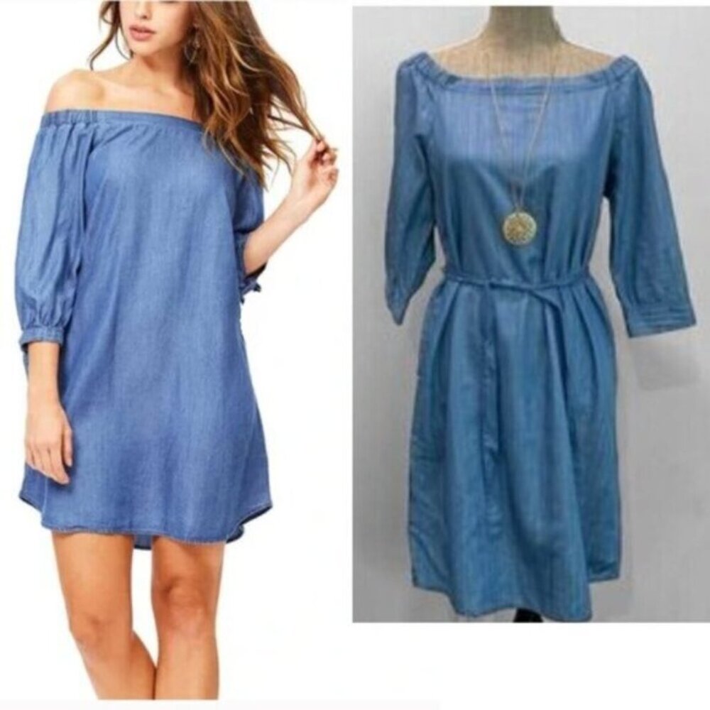 DO+BE Chambray Off Shoulder Belted Dress Blue Denim Look Boho Cottagecore